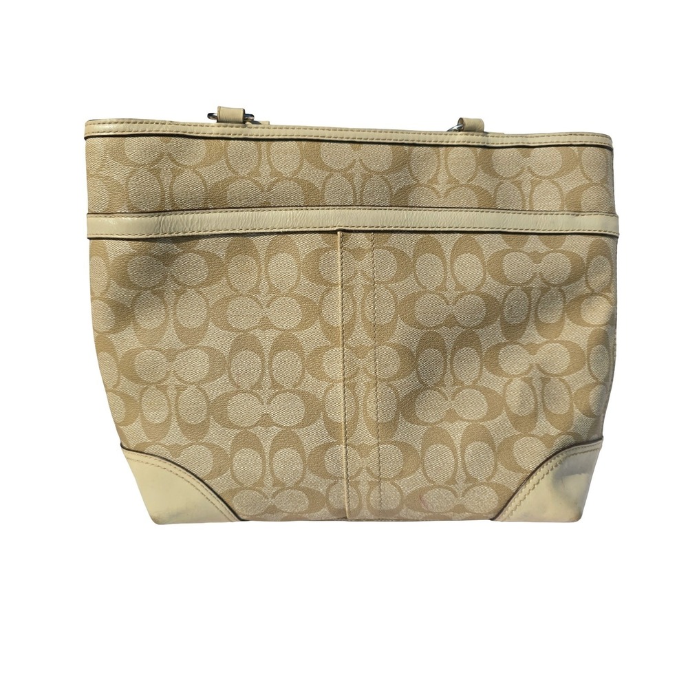 COACH Signature Stripe Tote Bag Beige Pink Canvas Leather Shoulder Purse - Picture 2 of 15